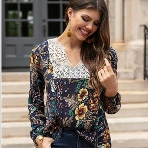 Grace & Lace Autumn Marisol Blouse Floral Print Long Sleeve Crochet Rayon